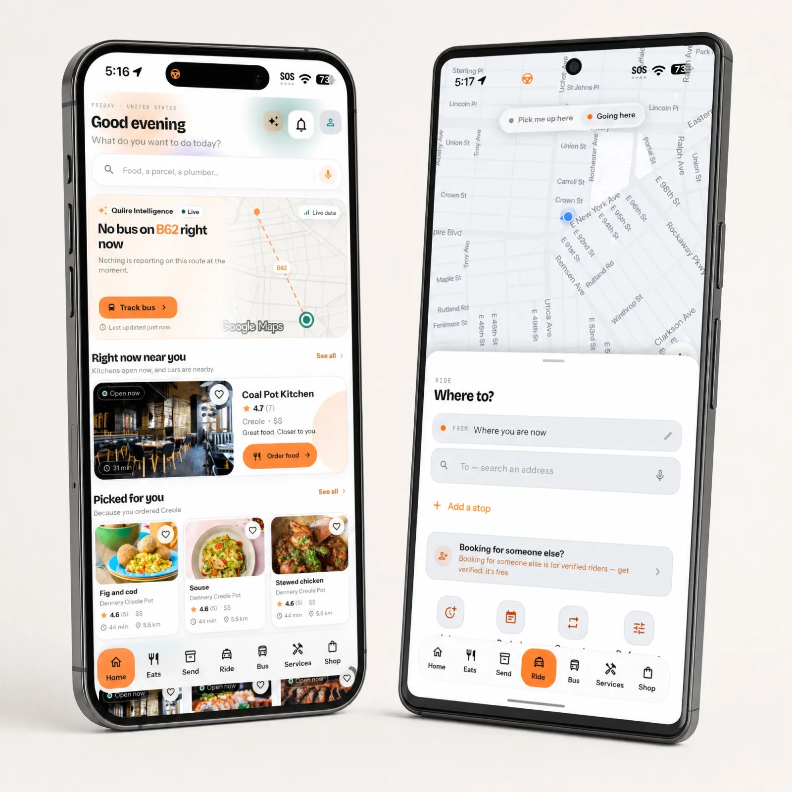 Quiire on an iPhone and an Android phone: the Home hub, and booking a ride