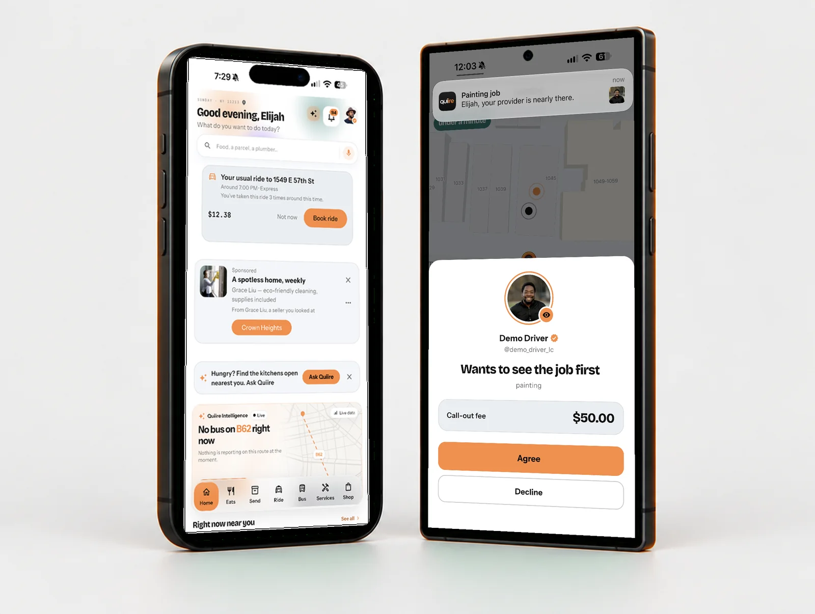Quiire on an iPhone and an Android phone: the Home hub, and a tradesperson asking to see the job first